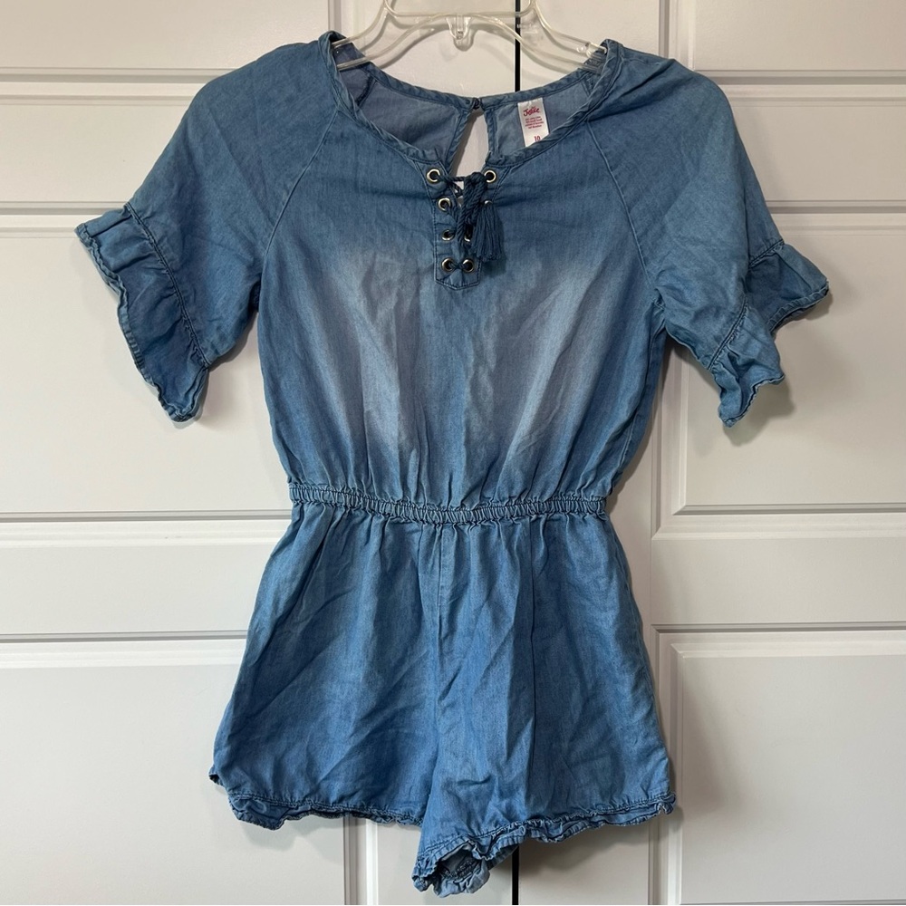 Justice Denim Romper Lace Up Tassels‎ Ruffle Sleeve Girls Size 10